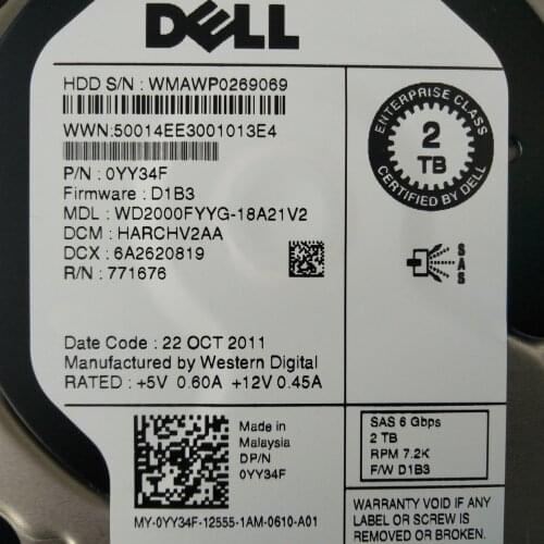 2PCS Dell 0YY34F WD2000FYYG 7200k 2TB 3.5' SAS Hard drive HDD
