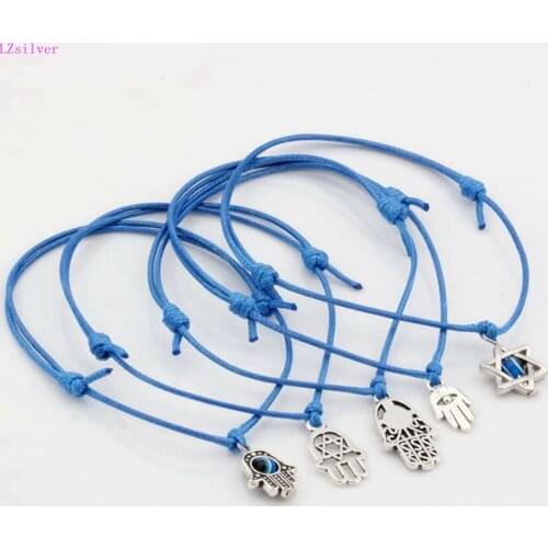 5pcs Mixed Kabbalah Hamsa Hand Star of David Charms blue Wax rope Adjustable Bracelets S112L31