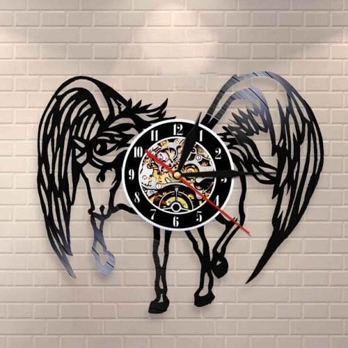 Fantasy Animal Horse Vinyl Record Clock Pegasus Wall Clock Vintage Wall Art Horse With Angel Wings Decorative Horse Clock