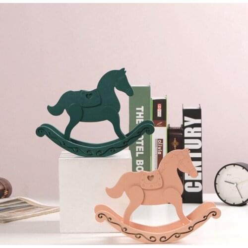 Wooden Rocking Horse Table Decoration Craft Home Art Furnishing Statue Ornament Cute Animal Trojan Toy Nursery Decor