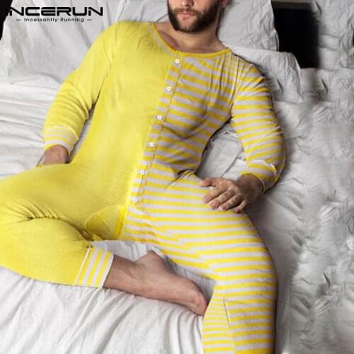 INCERUN Men Pajamas Jumpsuits Striped Patchwork Fitness Homewear Comfortable O Neck Long Sleeve Leisure Rompers Nightwear Men