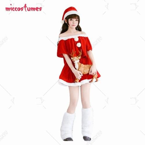 Christmas Party Costumes Red Santa Clothes Cosplay Two Piece Dress with Hat