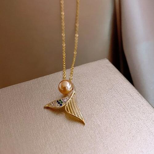 Fashion Elegant The Little Mermaid Pearl Crystal Zircon Pendant Necklace For Women Snake Chain Necklace Wedding Party Jewelry