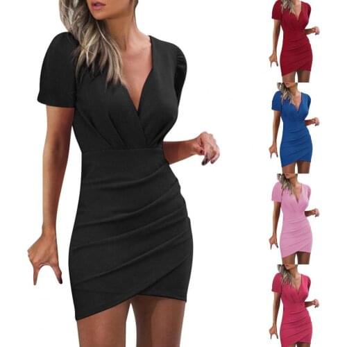 Fashion Solid Color Bodycon Mini Dress Women Short Sleeve Pleated Hip-hugging Dresses 2021 Vestidos Party Dress Mujer