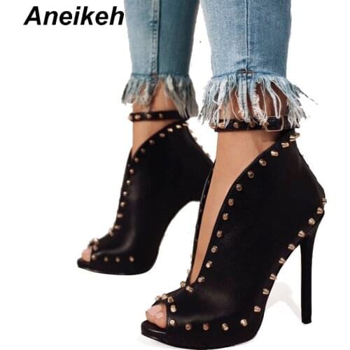 New Europe Popular Street Beat Rivet Shoes Fish Mouth High-heeled Catwalk sexy Rome Ankle Buckle Strap PU Heel 12cm Woman Boots