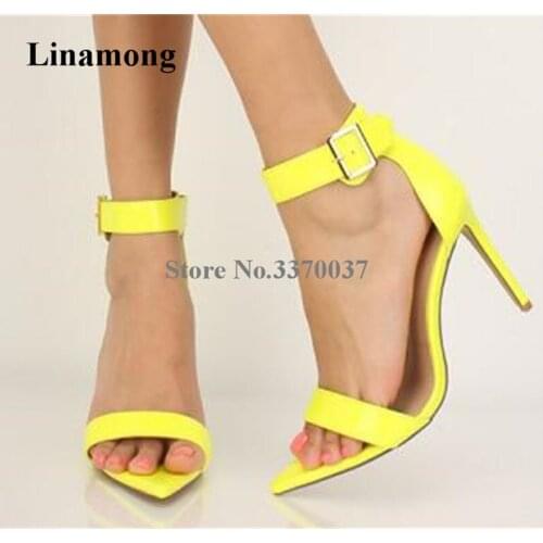 New Design Women Fashion Open Pointed Toe Stiletto Heel Sandals Ankle Strap Buckle Yellow Pink High Heel Sandals Dress Shoes