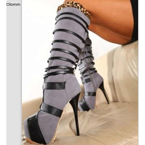Olomm New Stylish Women Platform Knee High Boots Sexy Thin High Heels Boots Round Toe Grey Casual Shoes Women Plus US Size 5-15