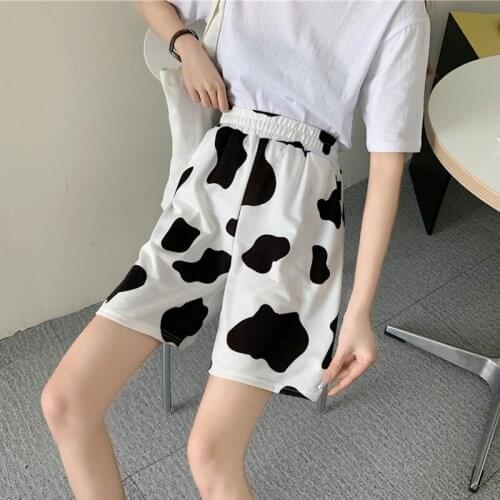 Wide leg cow print casual shorts Women white elastic streetwear high waist summer shorts Female loose sexy short hot pants 2021