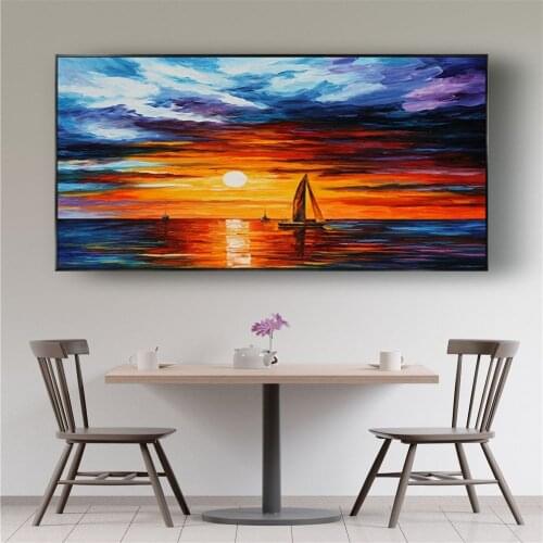 Modern home decoration painting hand-painted oil painting knife painting sea view fire cloud sailing boat living room mural art