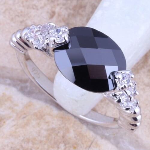 Gleaming Black Cubic Zirconia White CZ Silver Plated Ring Size 6 / 7 / 8 / 9 R1526