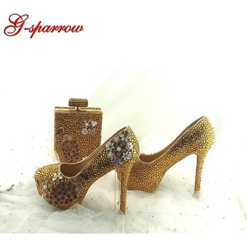 Sparkling Gold Crystal Wedding Party Shoes Handmade High Quality Rhinestone Bridal Dress Shoes Event Prom Pumps with Purse