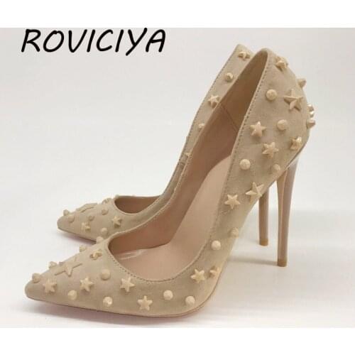 12cm High Heels Shoes Pointed Toe Women Pumps Five-pointed star Rivet Studded For Party Dress Stiletto Woman MD027 ROVICIYA