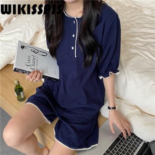 WIKISSPJS 2021 Summer Sweet Girl Lace Loose Plain Short Sleeve Shorts Two Piece Home Wear Women Pajamas Lounge Wear