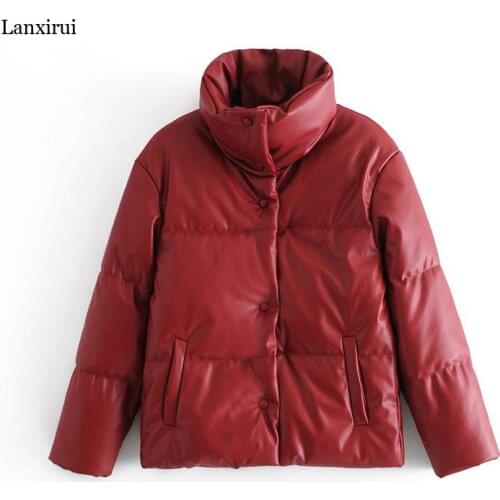 Women Winter Fashion Thick Warm Faux Leather Vintage Long Sleeve Padded Jacket Female Chic Overcoat