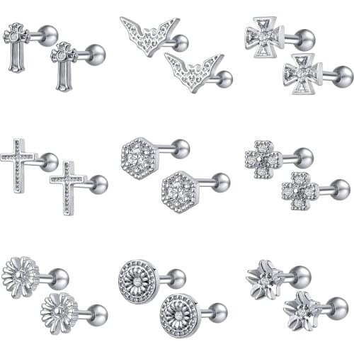 ZS 9 Styles 316L Stainless Steel CZ Cross Studs Earrings Women 1 Pair Ear Cartilage Piercing Earring Female Helix Studs Jewelry
