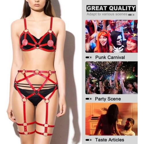 Goth ​Leather Body Harness Chest Hollow Out Bra Leg Harness Garter Belt Women Leather Punk Pole Dancing Underwear Jewelry Fetis