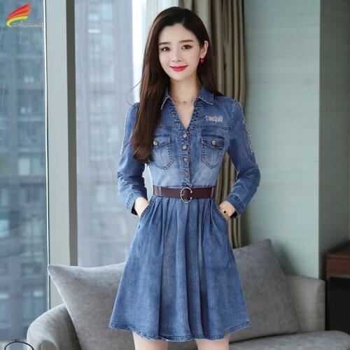 Blue Women Jeans Dress Women 2020 Fashion Casual High Street Long Sleeve Denim A-Line Pleated Dress With Belt Elegant Vestidos