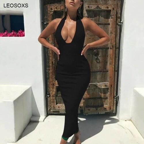 Womens Summer Dress 2021 New Fishtail Sexy Slim Female Halter Neck Deep V-neck Halter Fashion Tight-fitting Hollow Dress