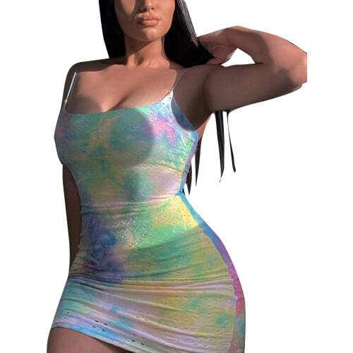 Women Close-fitting Slip Dress, Green Tie-dyed Printed Pattern Sleeveless Sundress, S/ M/ L