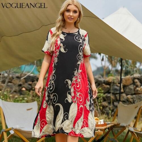 2021 New Summer Womens Plus Size Rayon Printing Contrast Color Stitching Round Neck Short Sleeve Big Swing Dress XL-4XL