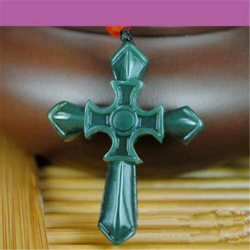 100%Natural Dark Green HETIAN Nephrite Pendant Carved Jesus Cross pendant Necklace Lucky Amulet Men Womens Jades Jewelry