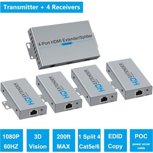 1x4 HDMI Extender Splitter RJ45 60m 200FT HDMI UTP Extend 1080P HDMI Cat5e/6 Extender HD Transmitter POE Receiver for PS4/5 PC