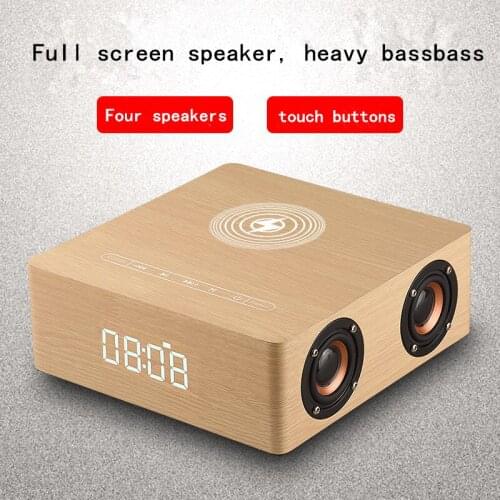 Wooden Wireless Qi Charger Bluetooth Speaker Touch button Alarm Clock Display Support TF Card USB AUX Play