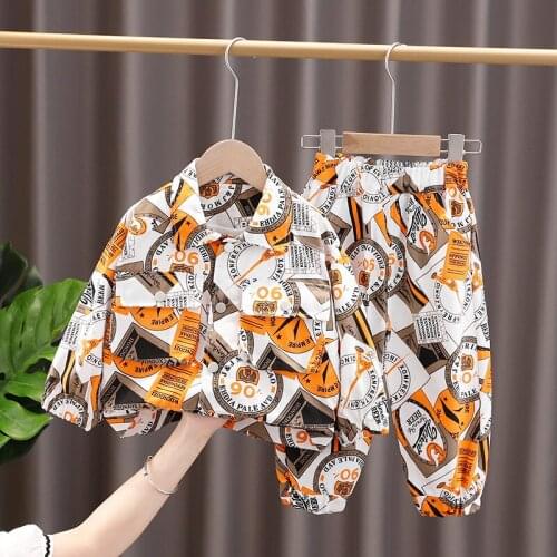 Infant Kids Boys Two Piece Set Childrens Lapel Long sleeve Printed Shirt Elastic Waistband Pants for Baby Summer