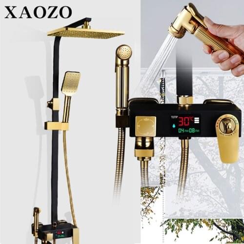Bathroom Brass Shower Set Black gold white Digital Display Rain Themostatic Mixer with Hand Shower system Faucet Rainfall