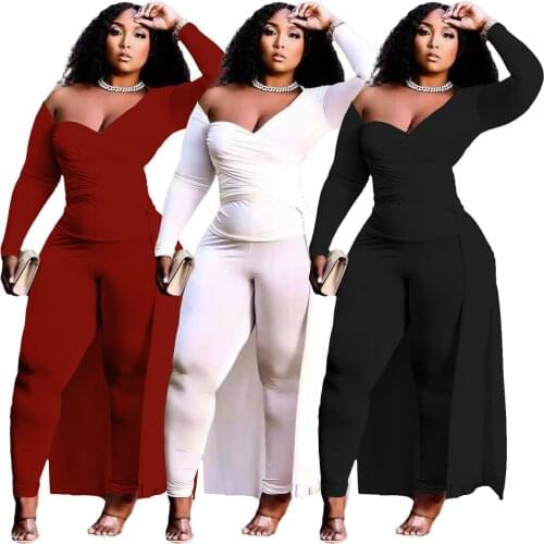 Elegant Solid Two Piece Set Women Sexy Wrap V Neck Long Sleeve Ruched Irregular Long Top + Leggings Slim Matching Set Outfits