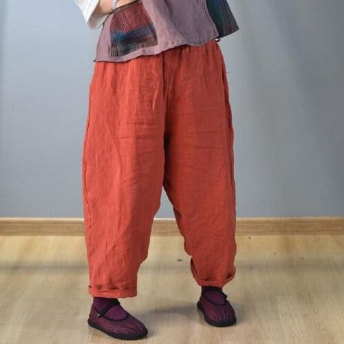 Johnature 2020 New Women Cotton Linen Wide Leg Pants Vintage Elastic Waist Summer Trouser Solid Color Loose Women Pockets Pants