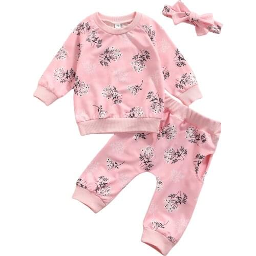 New Baby Girls Three-piece Clothes Set, Long Sleeve Tops, Flower Pattern Pants and Headband Set
