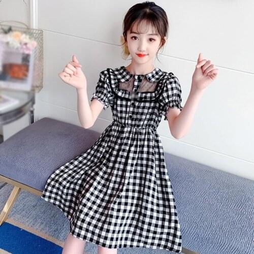 Summer Girls Korean Dress Baby Kids Lapel Plaid Bubble Sleeve Gauze Hollowed-out Princess Dress For Girls 3-8Y Children Outfits
