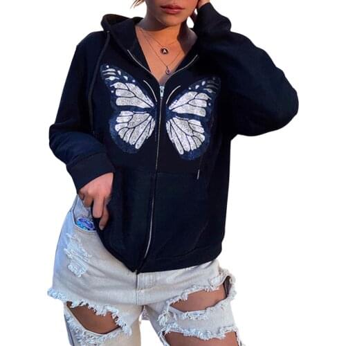 Y2K Fashion Oversized Butterfly Graphic Rhinestone Zip Up Hoodies E-girl 90s Streetwear Diamond Grey Long Jacket Autumn