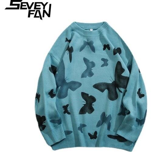 SEVEYFAN Mens Cartoon Butterfly Printed Sweater Hip Hop Oversize Knitwear Streetwear Pullover Sweaters for Couples
