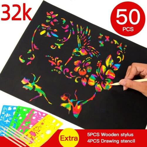 Scratch Paper ArtSet Rainbow Magic Scratch Paper 50 PCS Black Scratch it Off Crafts Kits Boards 5Wooden Stylus 4Drawing Stencils