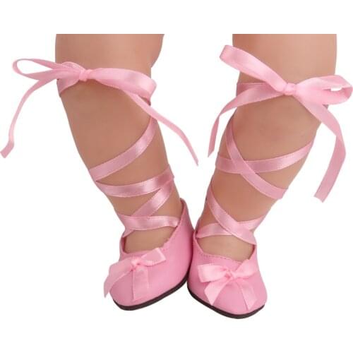 43 cm baby dolls Shoes Pink ballet shoes ribbon dress shoes Baby toys fit American 18 inch Girls doll g209