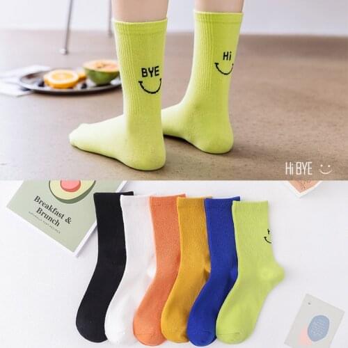 Wholesale New Arrive Spring Autumn Cotton Candy Color Smiling Face Figure Ins Fashion Woman Outing Casual Middle Tube Socks