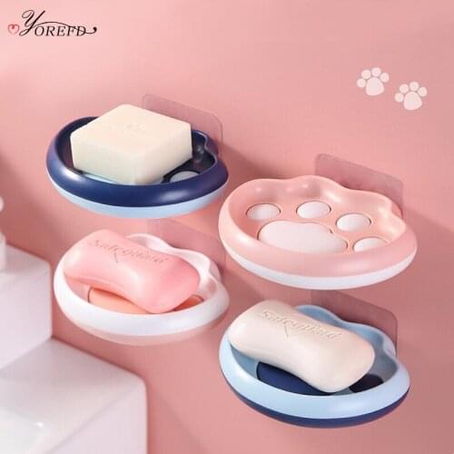OYOREFD Cute Bathroom Soap Holder Wall Mounted Drain Soap Dish Creative Cartoon Cat Paw Soap Tray Bathroom Accessories