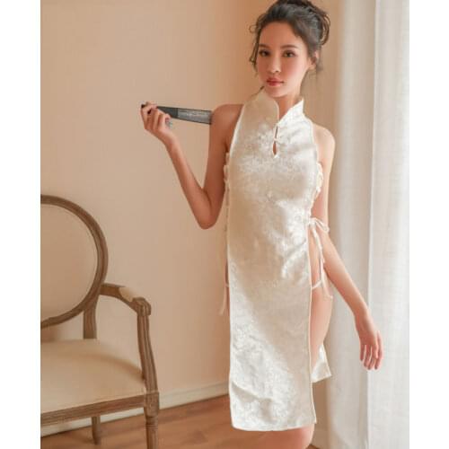 Girls Sexy Chinese Cheongsam Qipao Women Split Bandage Mini Dress Babydoll Lingerie with Tback Panties Lace Hollow out Sleepwear