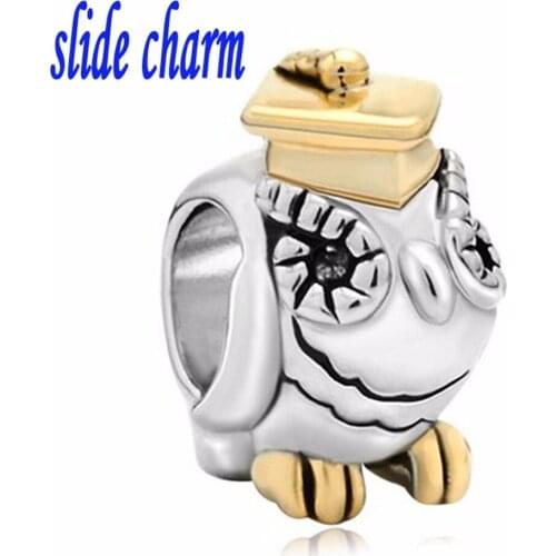 Slide charm Free shipping Children go to school season gift owl Dr. charm beads fit Pandora charm bracelets