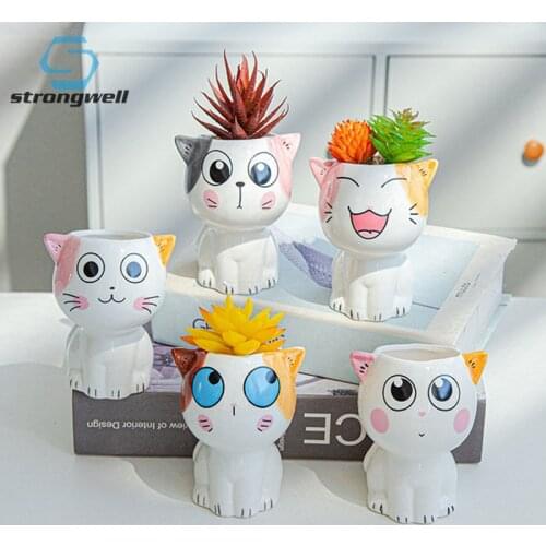 Strongwell Cute Cat Flower Pot Planter Flower Vase Ornaments Home Decor Garden Decoration Bonsai Ceramic Planter Succulent Pot