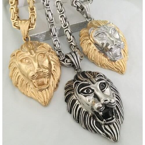 Heavy Big Lion Head Pendant Mens Necklace 316L Stainless Steel Collar Choker Byzantine Chain Punk Style Boy Jewelry Accessories