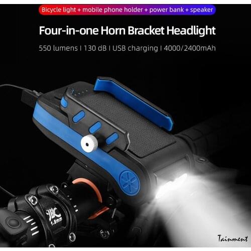 4 In 1 Bicycle Lights 550Lumens Super Bright Headlight 130dB Cycling Bell Horn 4000mAh Power Bank Phone Holder Bike Accessories