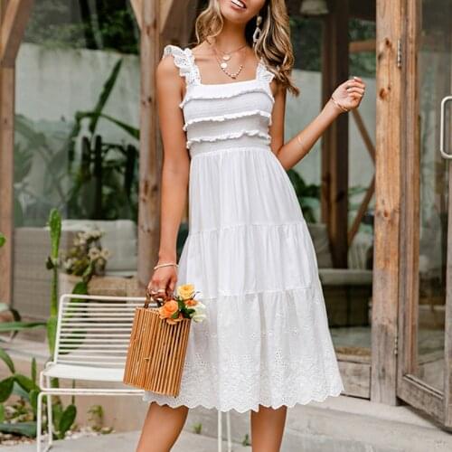 GypsyLady Vintage Strappy White Dress Sleeveless Summer Holiday Women Midi Dress Tiered Flounce Sexy Ruffles Ladies Chic Dresses