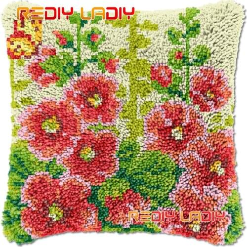 Latch Hook Cushion Hollyhocks DIY Needlepoint Kits Chunky Acrylic Yarn Arts Crocheting Lofty Pillow Case Hobby & Crafts