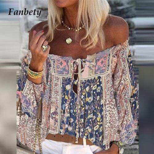 Vintage Floral Print Flare Sleeve Blouse Shirt Sexy Lace-up Tassel Off Shoulder Women Pullover Tops Summer New Casual Chic Blusa