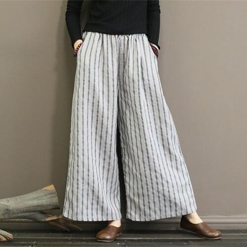 Johnature Women Striped Wide Leg Pants Autumn Linen Trouser 2021 Autumn New Elastic Waist Vintage Loose Women Clothing Pants