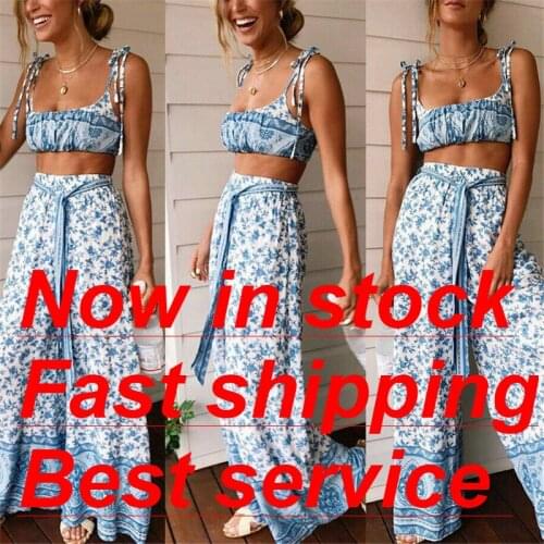 Women Summer 2 Piece Outfits Floral Print Bandage Crop Tops Wide Leg Long Palazzo Pants Set