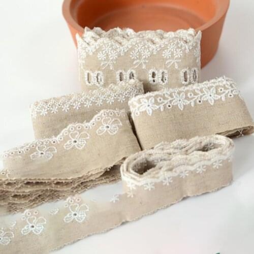 2Meter Linen Lace Embroideried Flower Applique Trim Webbing Fabric Sewing Handmade Crafts Bags Home Decor DIY Garments Material